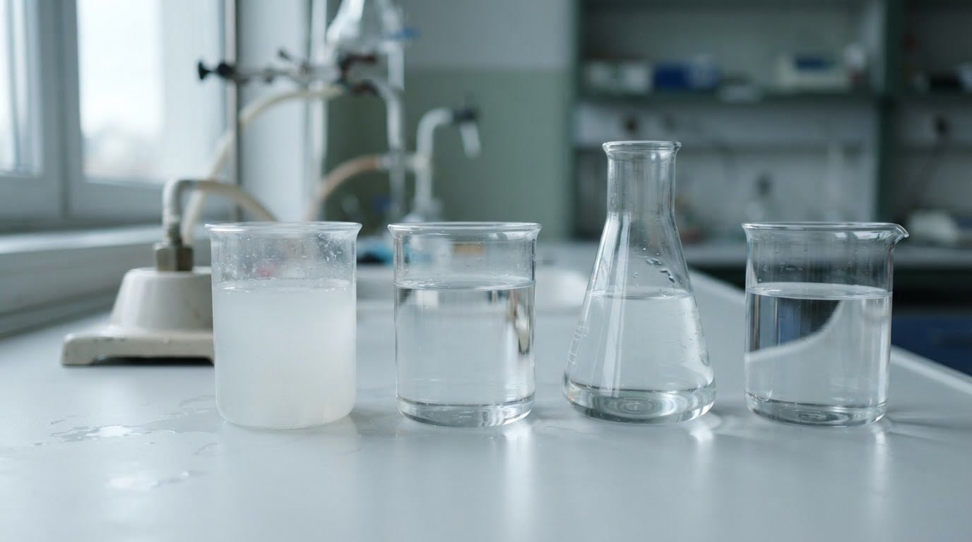 Vidrarias de laboratório com amostras de água límpida sob luz fria