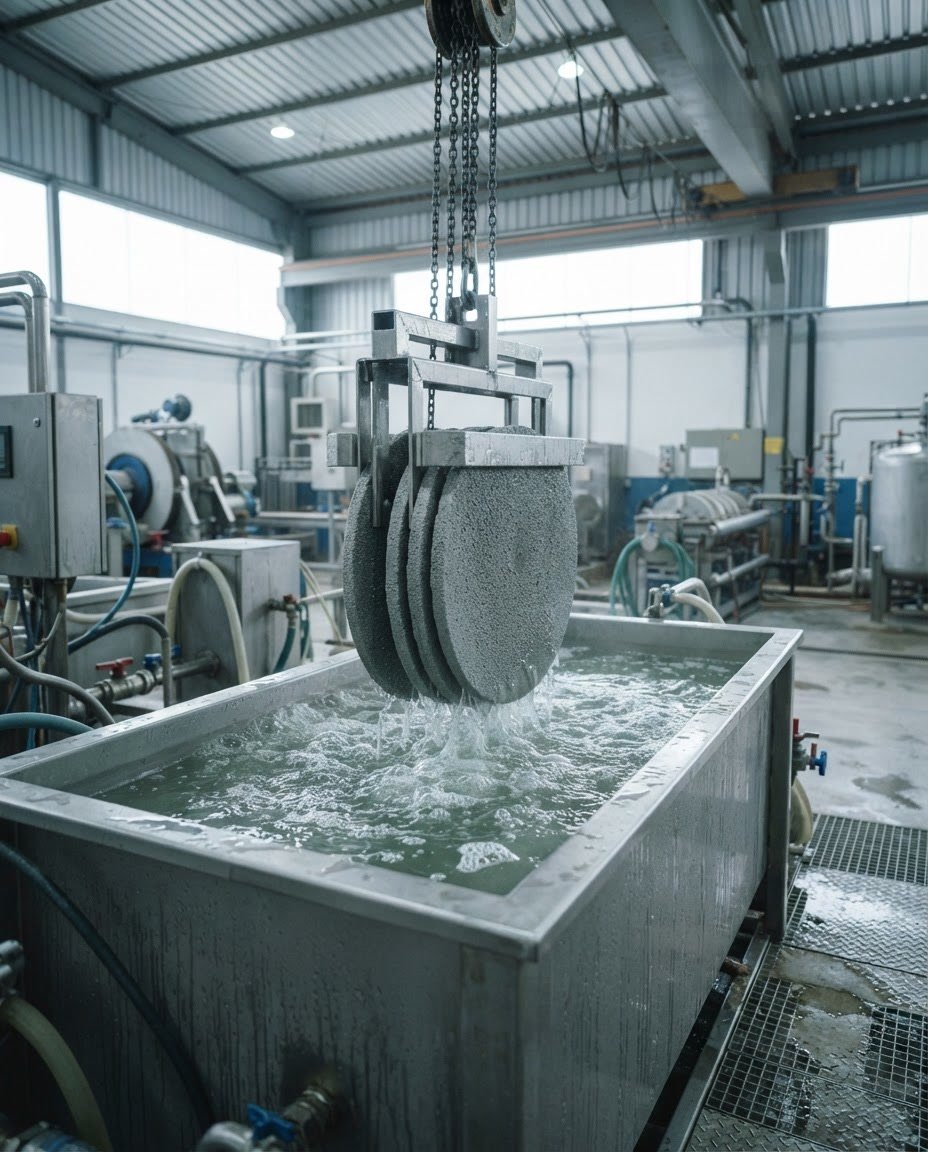 Placas cerâmicas filtrantes mergulhadas em banho químico de regeneração